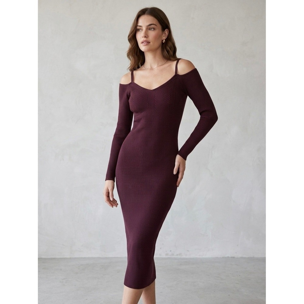 Abercrombie & Fitch Burgundy Ribbed Cold Shoulder Midi Sweater Dress Size SP